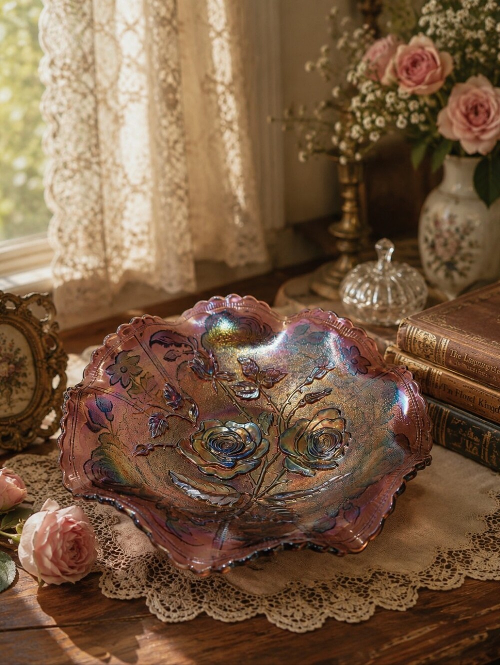 vintage electric purple iridescent carnival glass bowl with a floral rose print